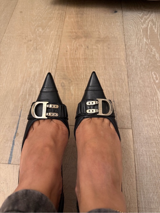 Dior Shoes - Dior vintage Black Pointed Leather Flats with Silver Buckle